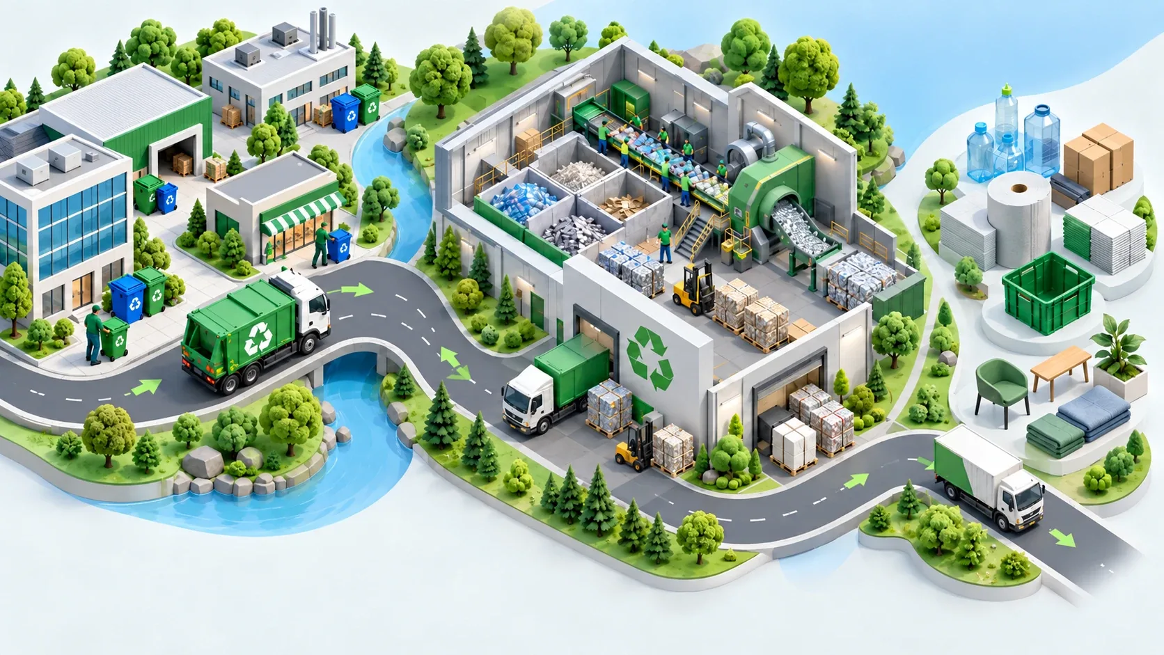 Illustrated recycling ecosystem: collection trucks serve offices and shops, a recycling facility sorts computers, plastics and cardboard, and recovered materials become new products.